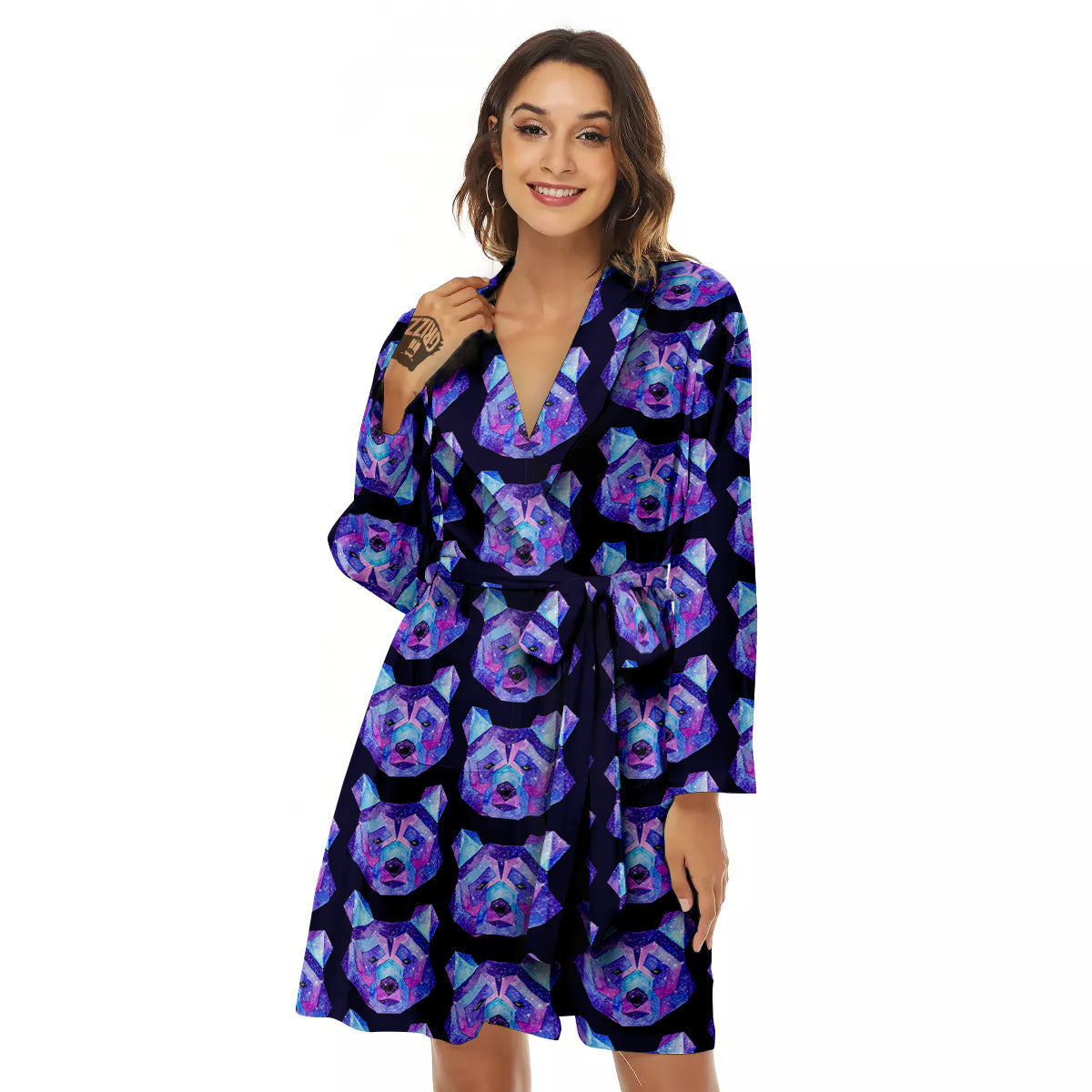 Cosmic Polygonal Bear Print Pattern Women's Robe-grizzshop