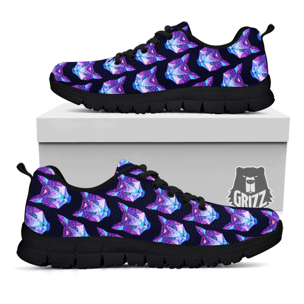 Cosmic Polygonal Cat Print Pattern Black Sneaker-grizzshop