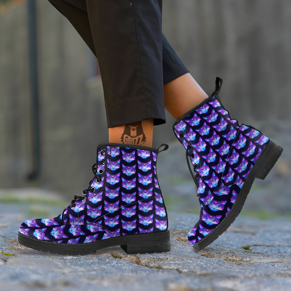 Cosmic Polygonal Cat Print Pattern Leather Boots-grizzshop