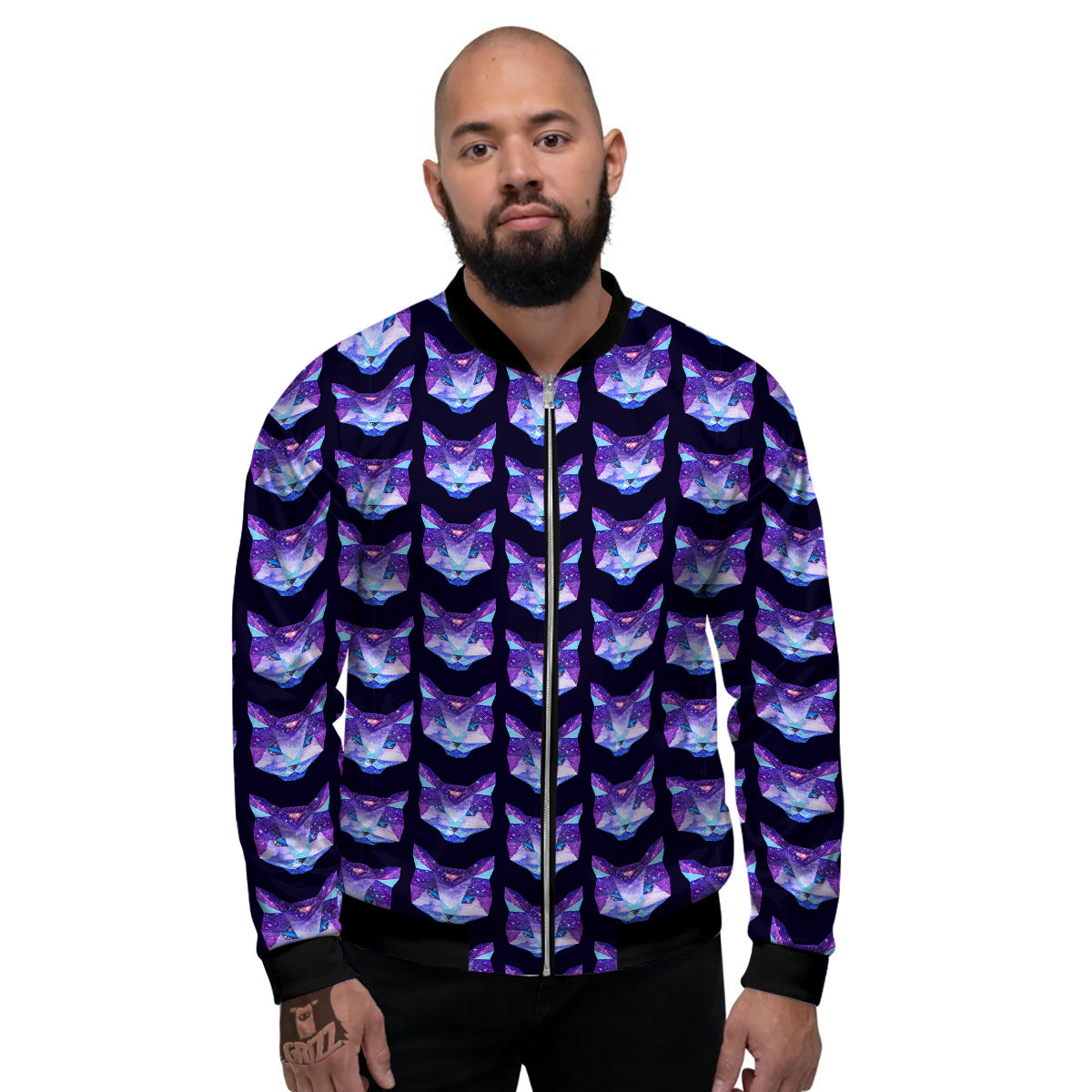 Cosmic Polygonal Cat Print Pattern Men's Bomber Jacket-grizzshop