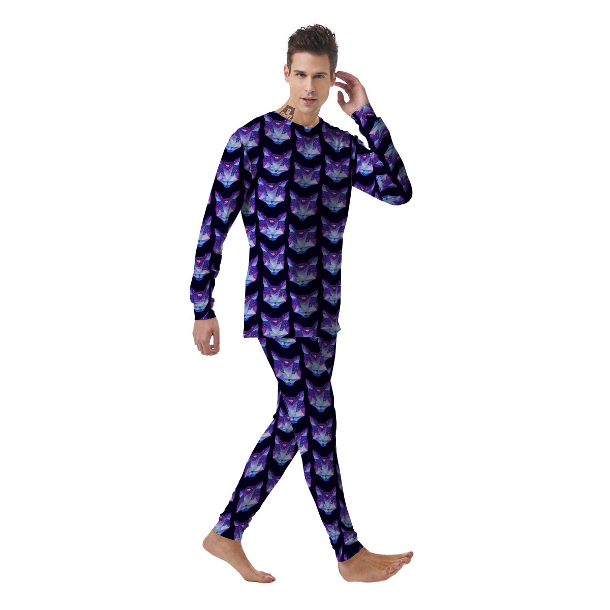 Cosmic Polygonal Cat Print Pattern Men's Pajamas-grizzshop