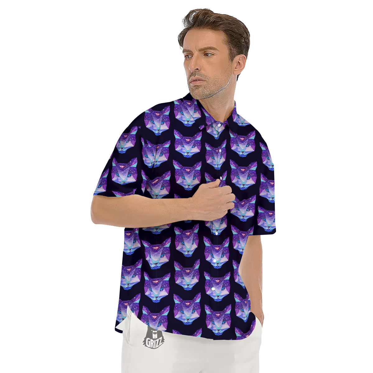 Cosmic Polygonal Cat Print Pattern Men's Short Sleeve Shirts-grizzshop