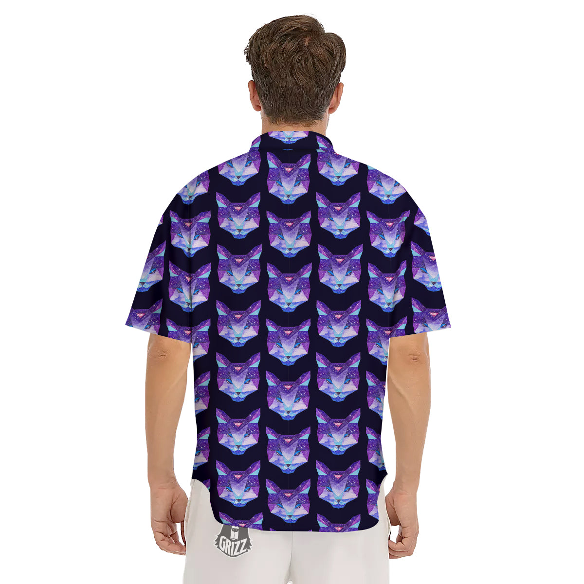 Cosmic Polygonal Cat Print Pattern Men's Short Sleeve Shirts-grizzshop