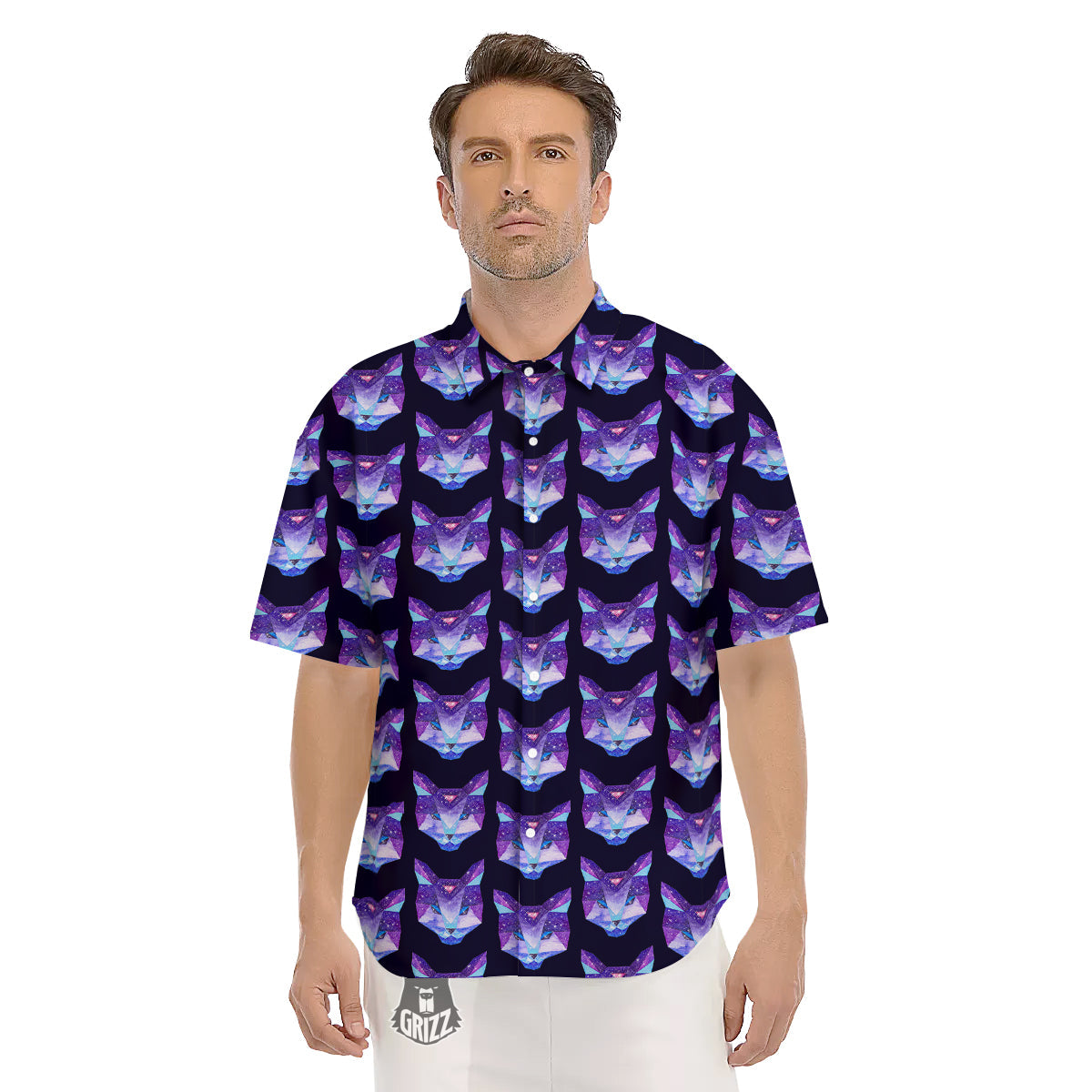 Cosmic Polygonal Cat Print Pattern Men's Short Sleeve Shirts-grizzshop