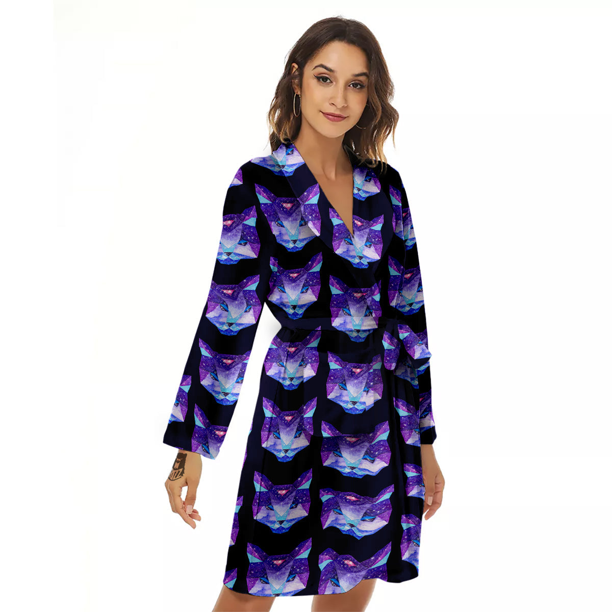 Cosmic Polygonal Cat Print Pattern Women's Robe-grizzshop