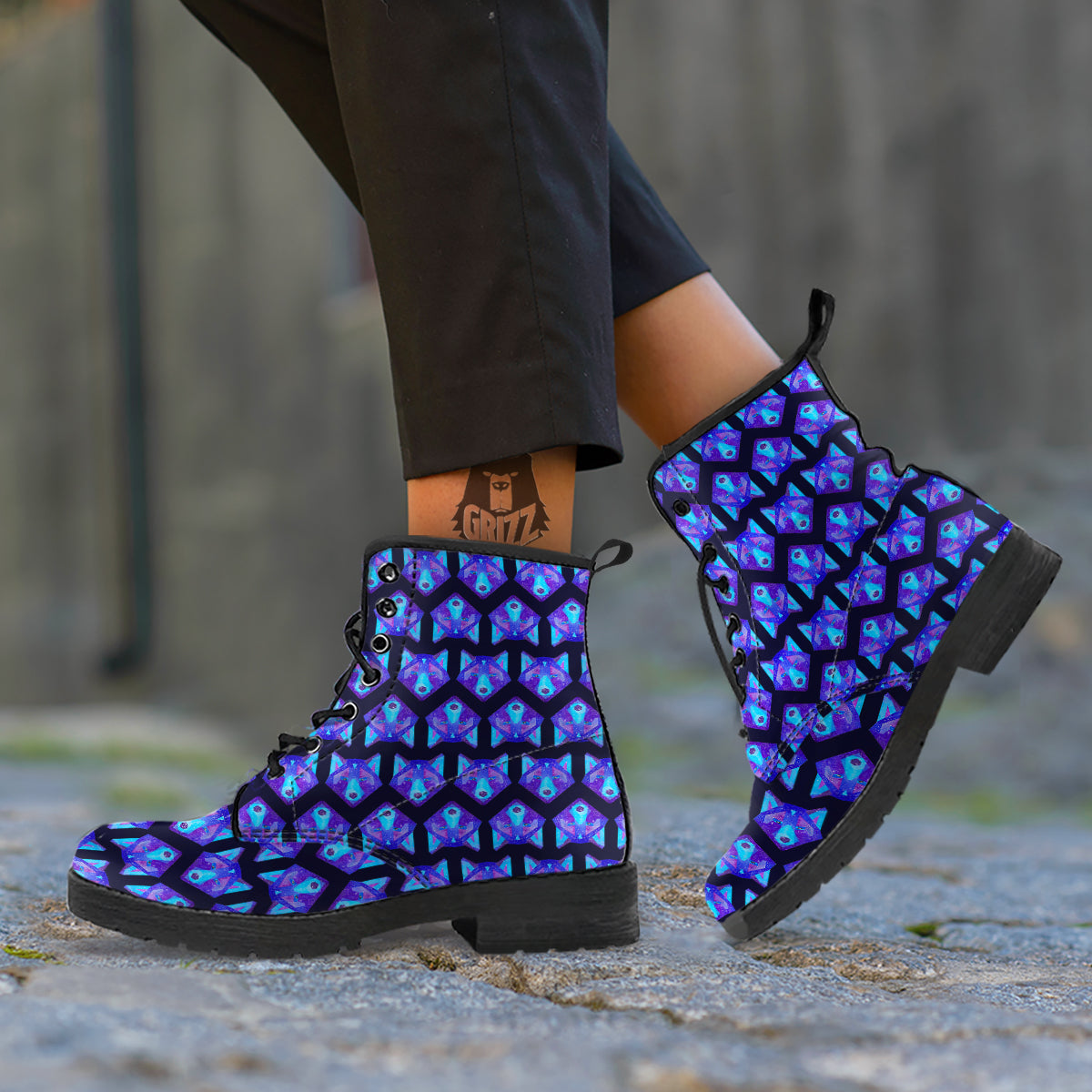 Cosmic Polygonal Wolf Print Pattern Leather Boots-grizzshop