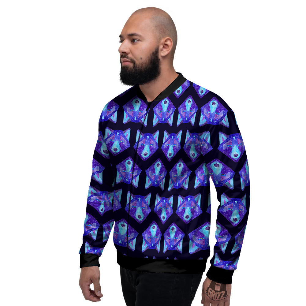 Cosmic Polygonal Wolf Print Pattern Men's Bomber Jacket-grizzshop