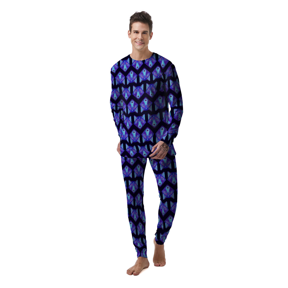 Cosmic Polygonal Wolf Print Pattern Men's Pajamas-grizzshop