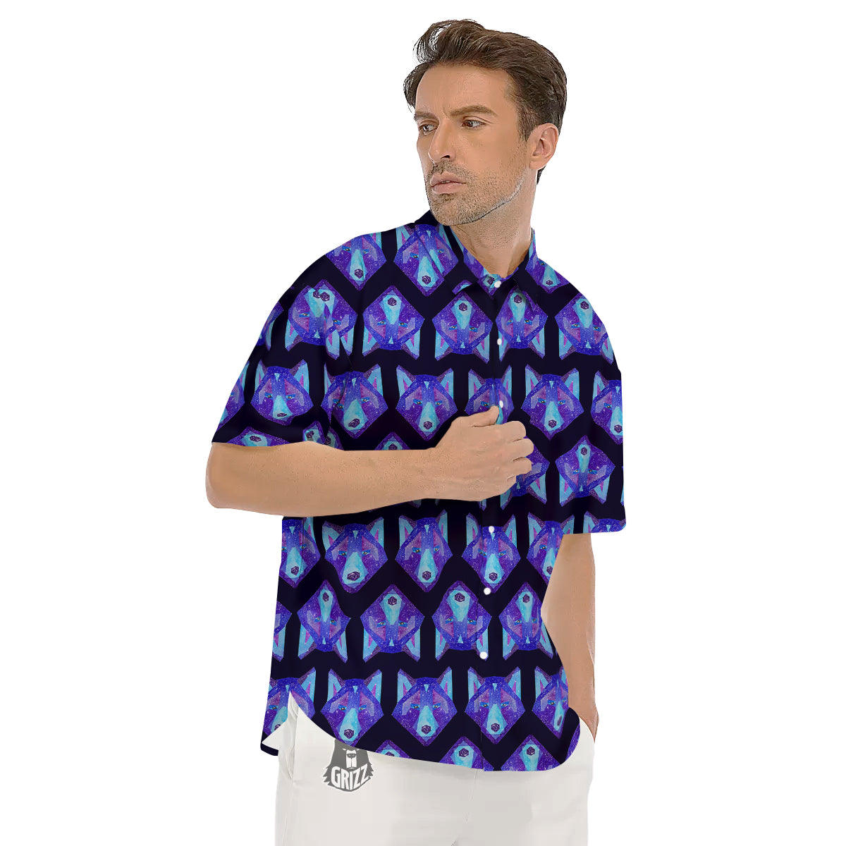 Cosmic Polygonal Wolf Print Pattern Men's Short Sleeve Shirts-grizzshop