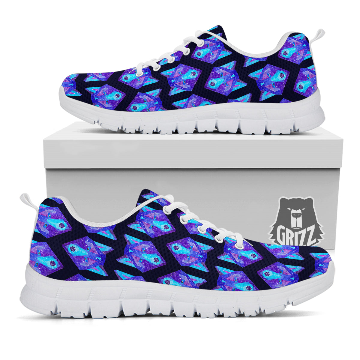 Cosmic Polygonal Wolf Print Pattern White Sneaker-grizzshop
