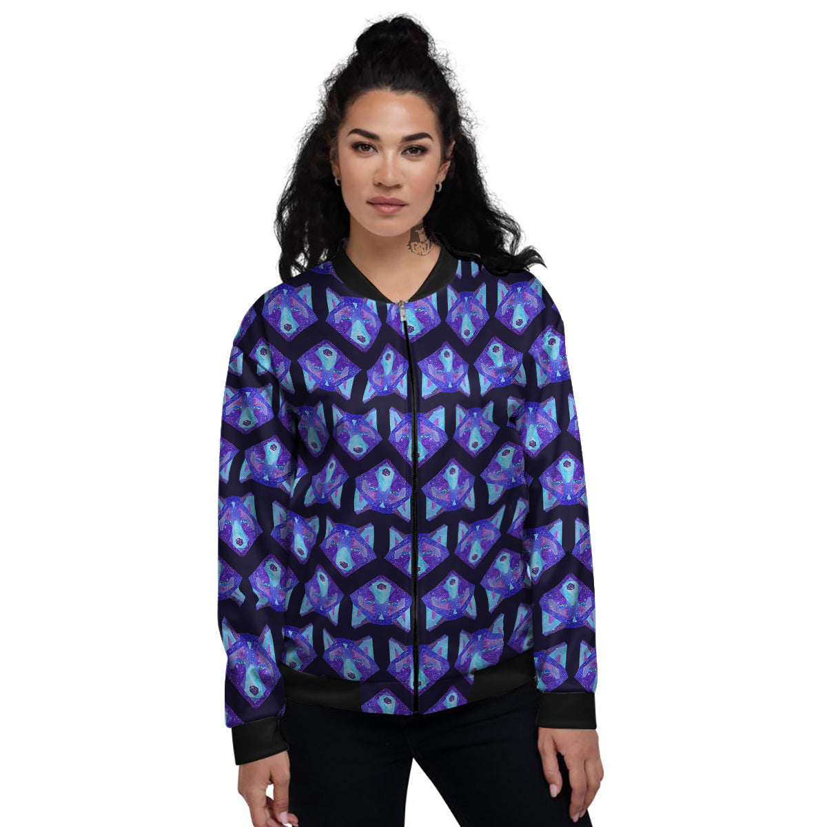 Cosmic Polygonal Wolf Print Pattern Women's Bomber Jacket-grizzshop
