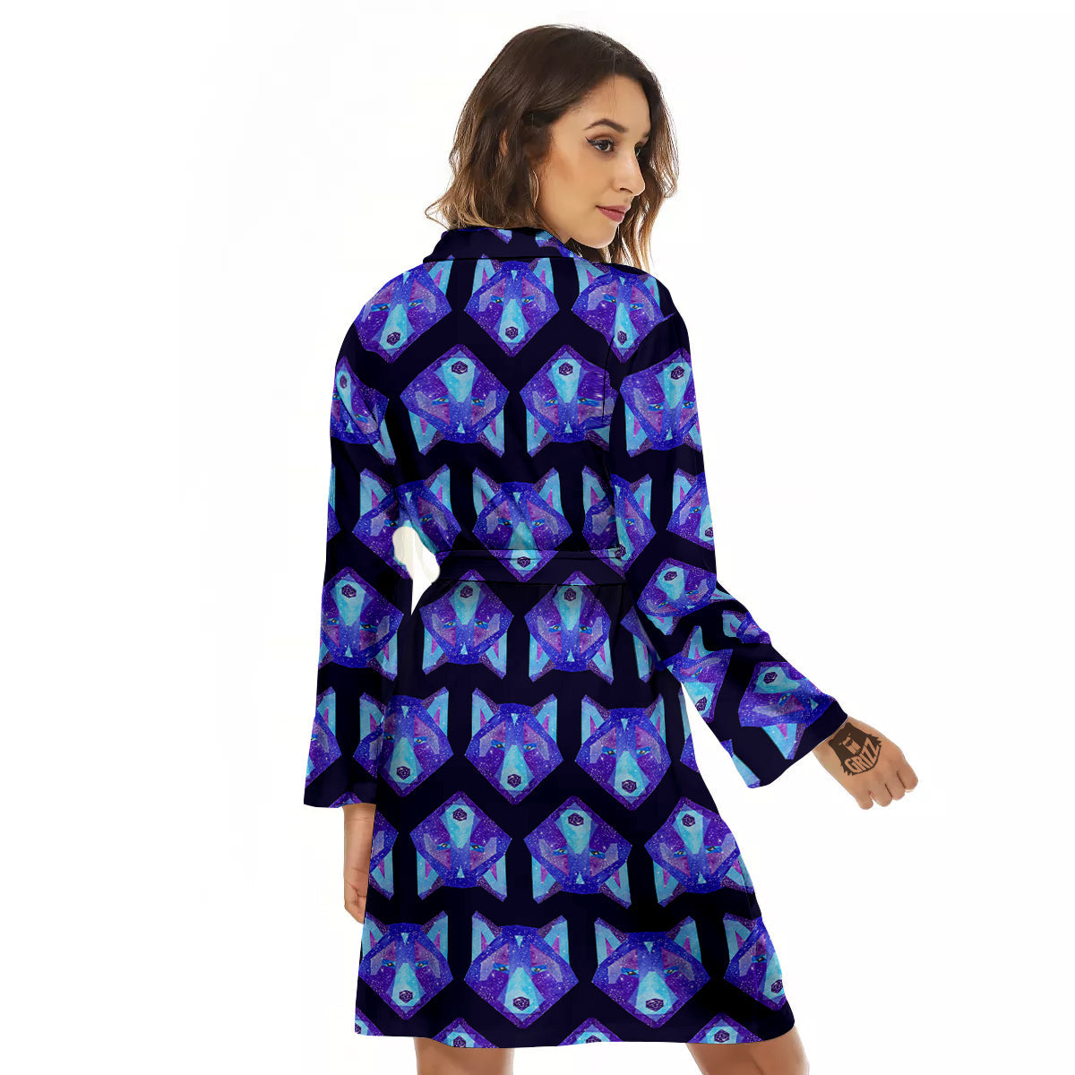 Cosmic Polygonal Wolf Print Pattern Women's Robe-grizzshop