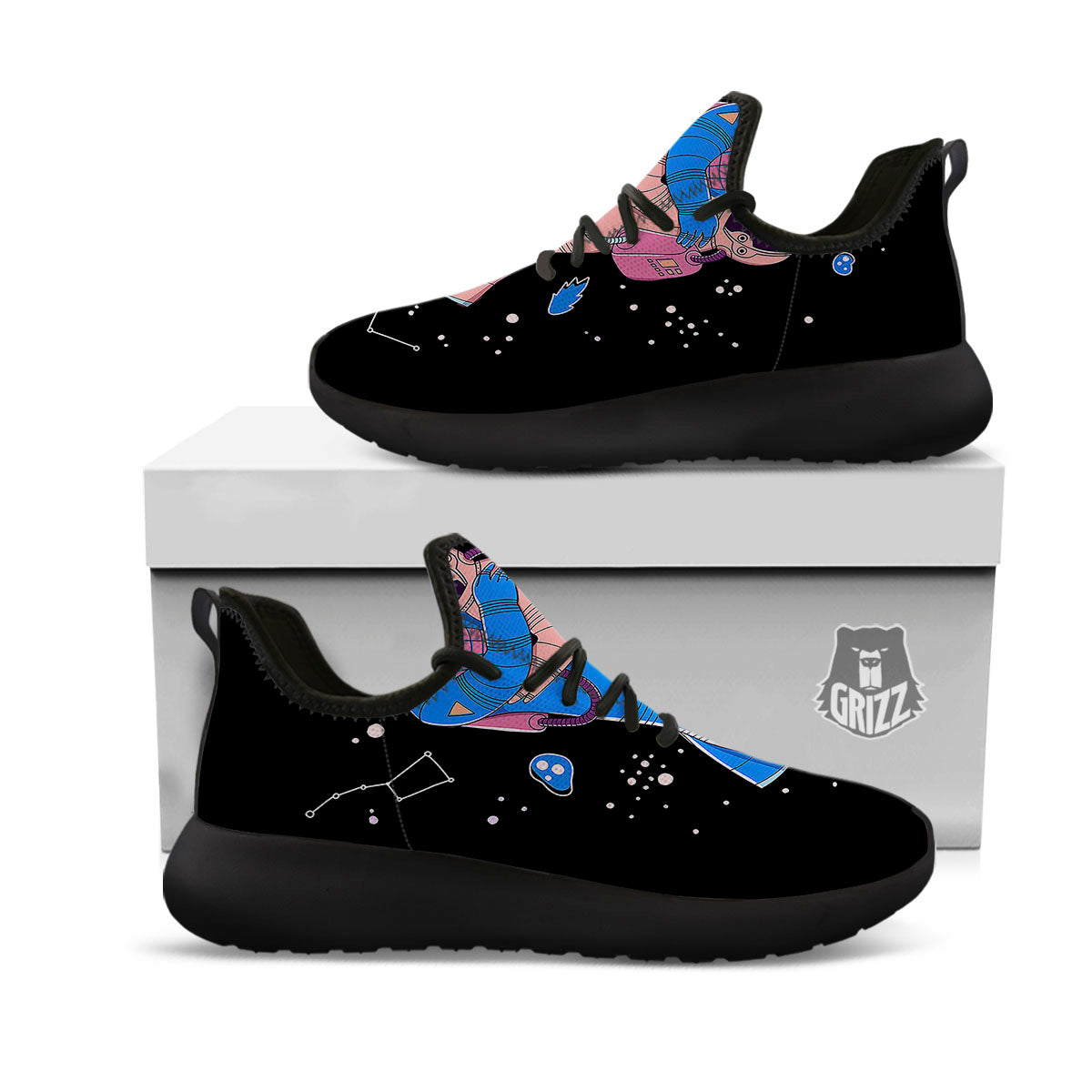 Couple Astronaut Travel In Space Print Black Athletic Shoes-grizzshop