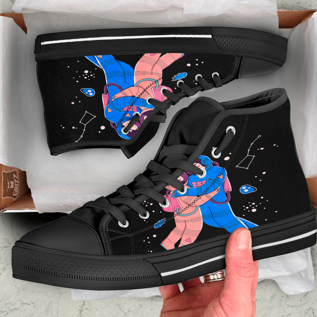 Couple Astronaut Travel In Space Print Black High Top Shoes-grizzshop