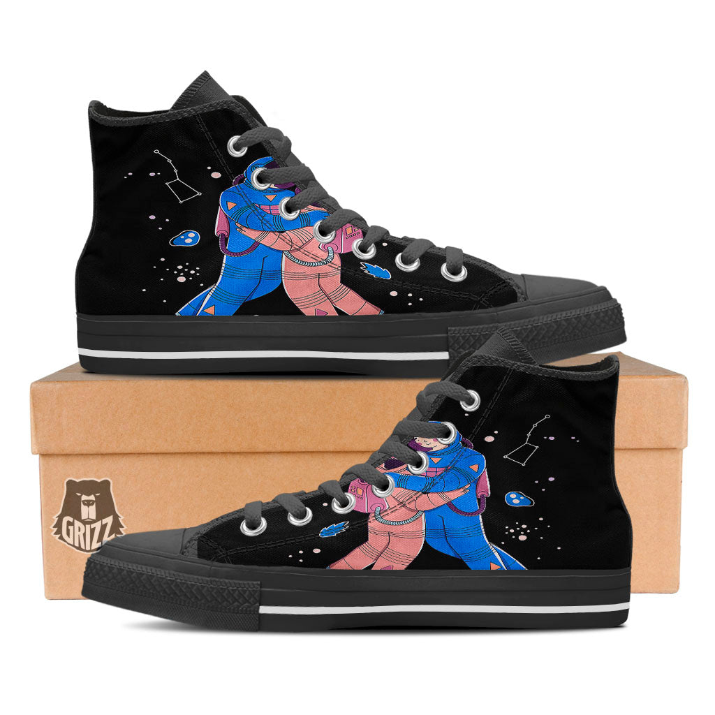 Couple Astronaut Travel In Space Print Black High Top Shoes-grizzshop