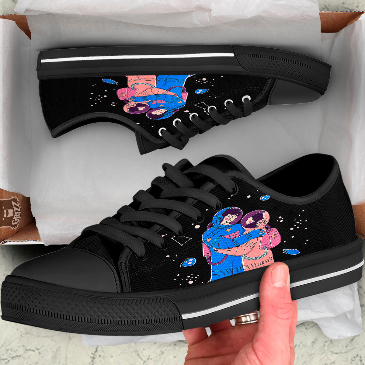 Couple Astronaut Travel In Space Print Black Low Top Shoes-grizzshop