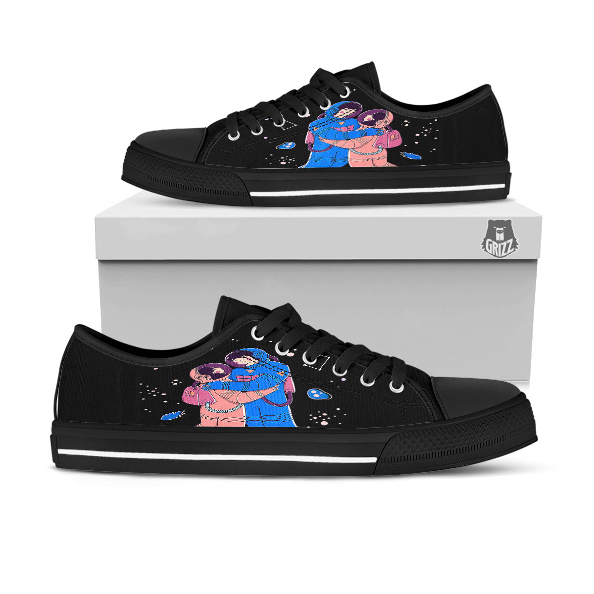 Couple Astronaut Travel In Space Print Black Low Top Shoes-grizzshop