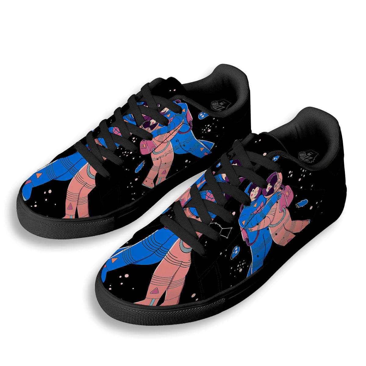 Couple Astronaut Travel In Space Print Black Low Top Sneakers-grizzshop