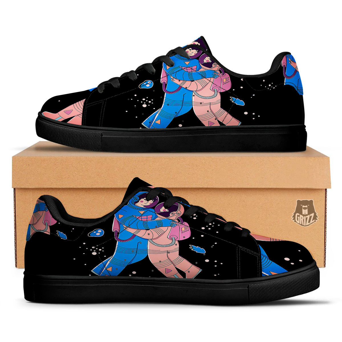 Couple Astronaut Travel In Space Print Black Low Top Sneakers-grizzshop