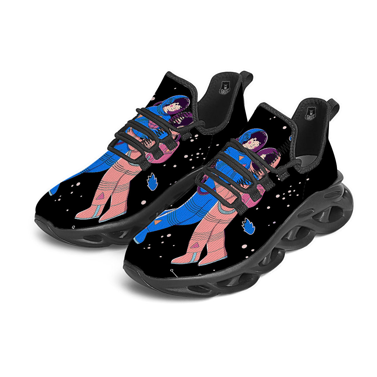 Couple Astronaut Travel In Space Print Black Running Shoes-grizzshop