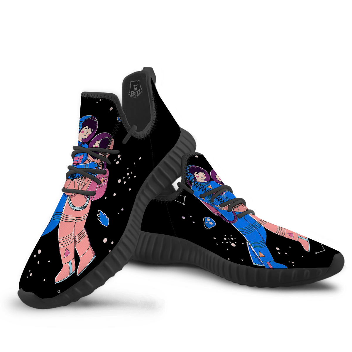 Couple Astronaut Travel In Space Print Black Walking Shoes-grizzshop