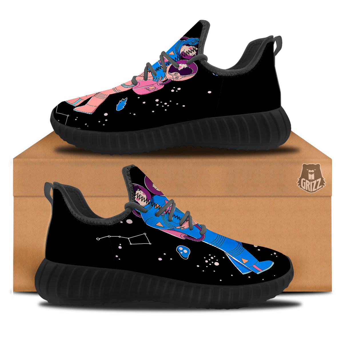 Couple Astronaut Travel In Space Print Black Walking Shoes-grizzshop