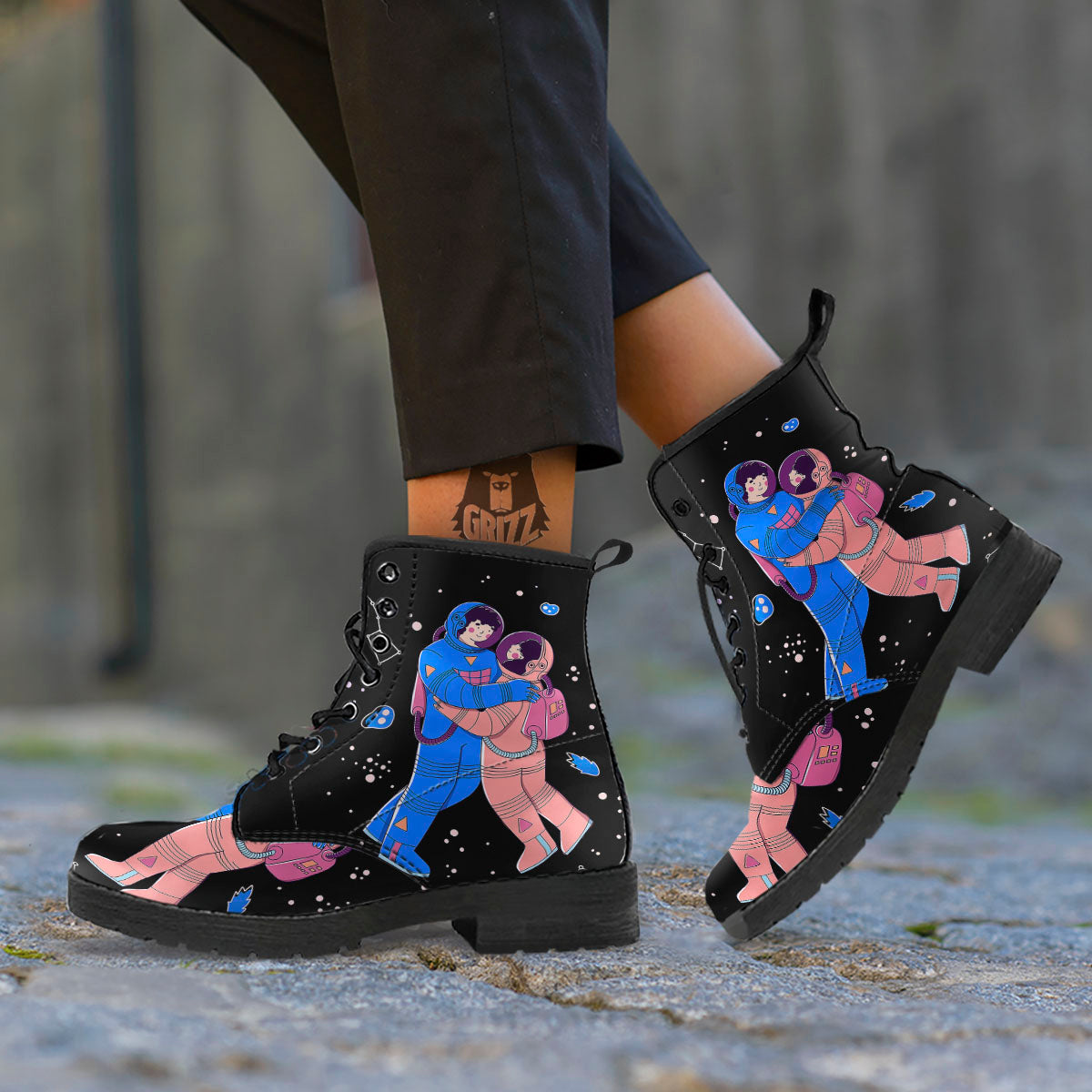 Couple Astronaut Travel In Space Print Leather Boots-grizzshop