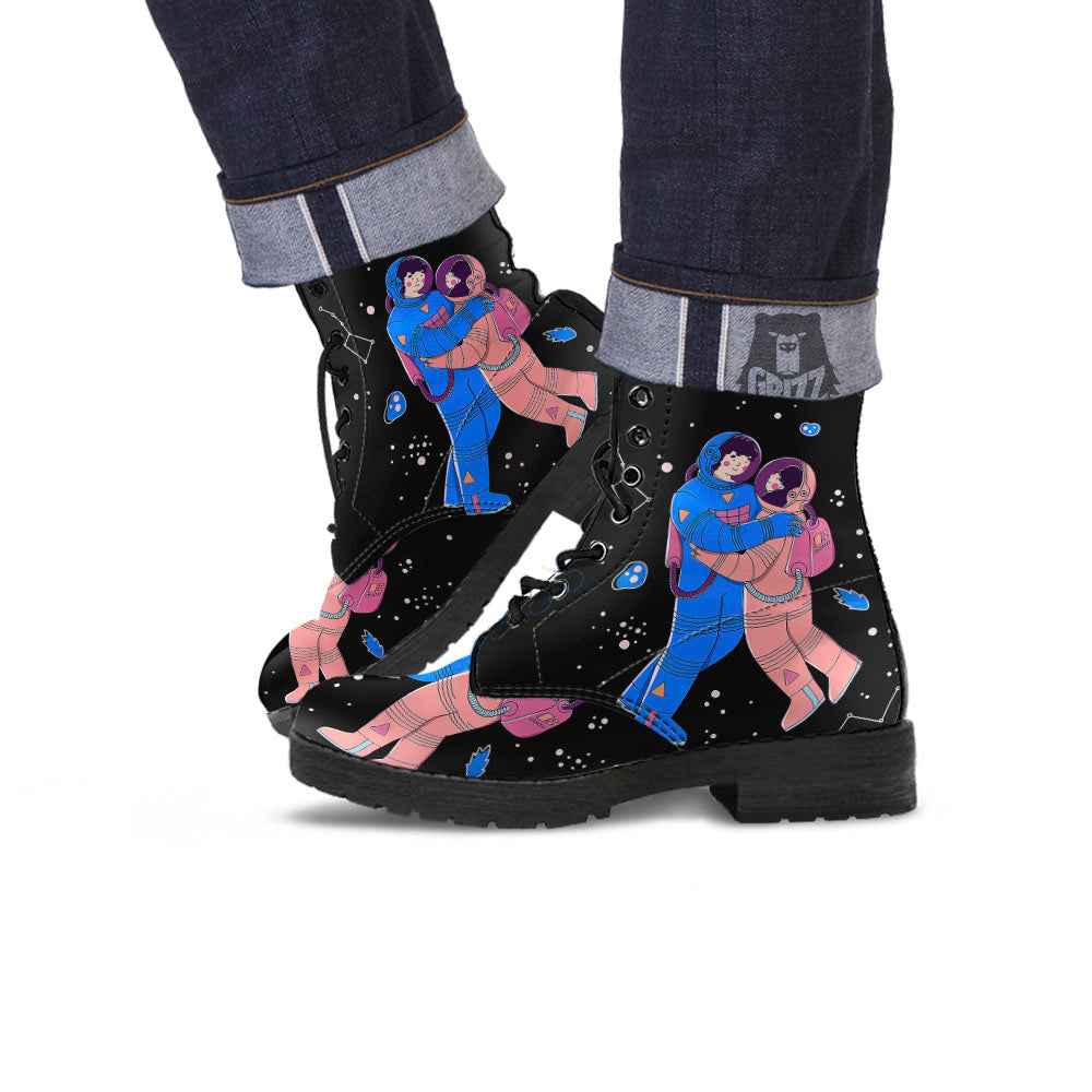 Couple Astronaut Travel In Space Print Leather Boots-grizzshop