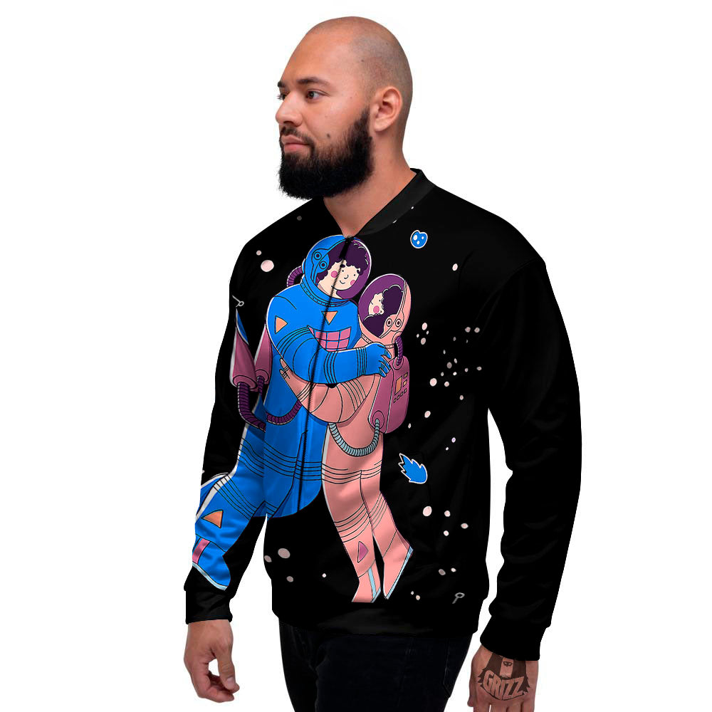Couple Astronaut Travel In Space Print Men's Bomber Jacket-grizzshop