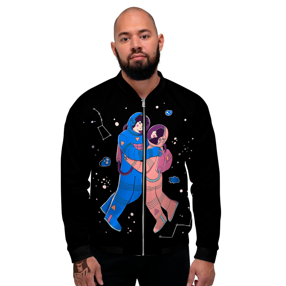 Couple Astronaut Travel In Space Print Men's Bomber Jacket-grizzshop
