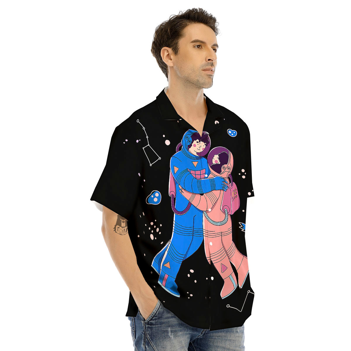 Couple Astronaut Travel In Space Print Men's Hawaiian Shirt-grizzshop