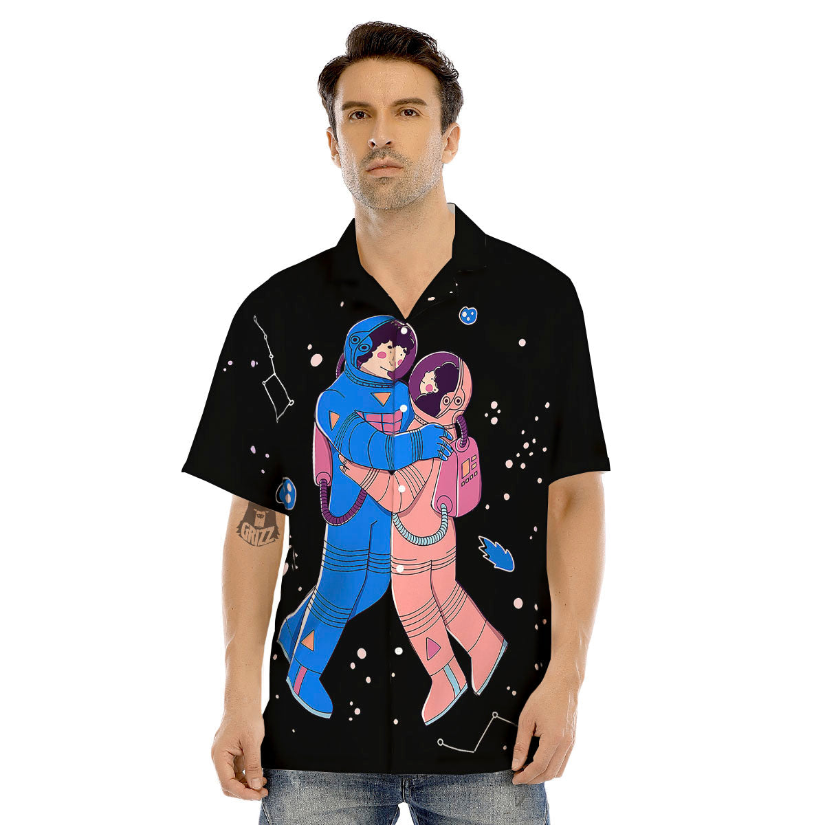 Couple Astronaut Travel In Space Print Men's Hawaiian Shirt-grizzshop