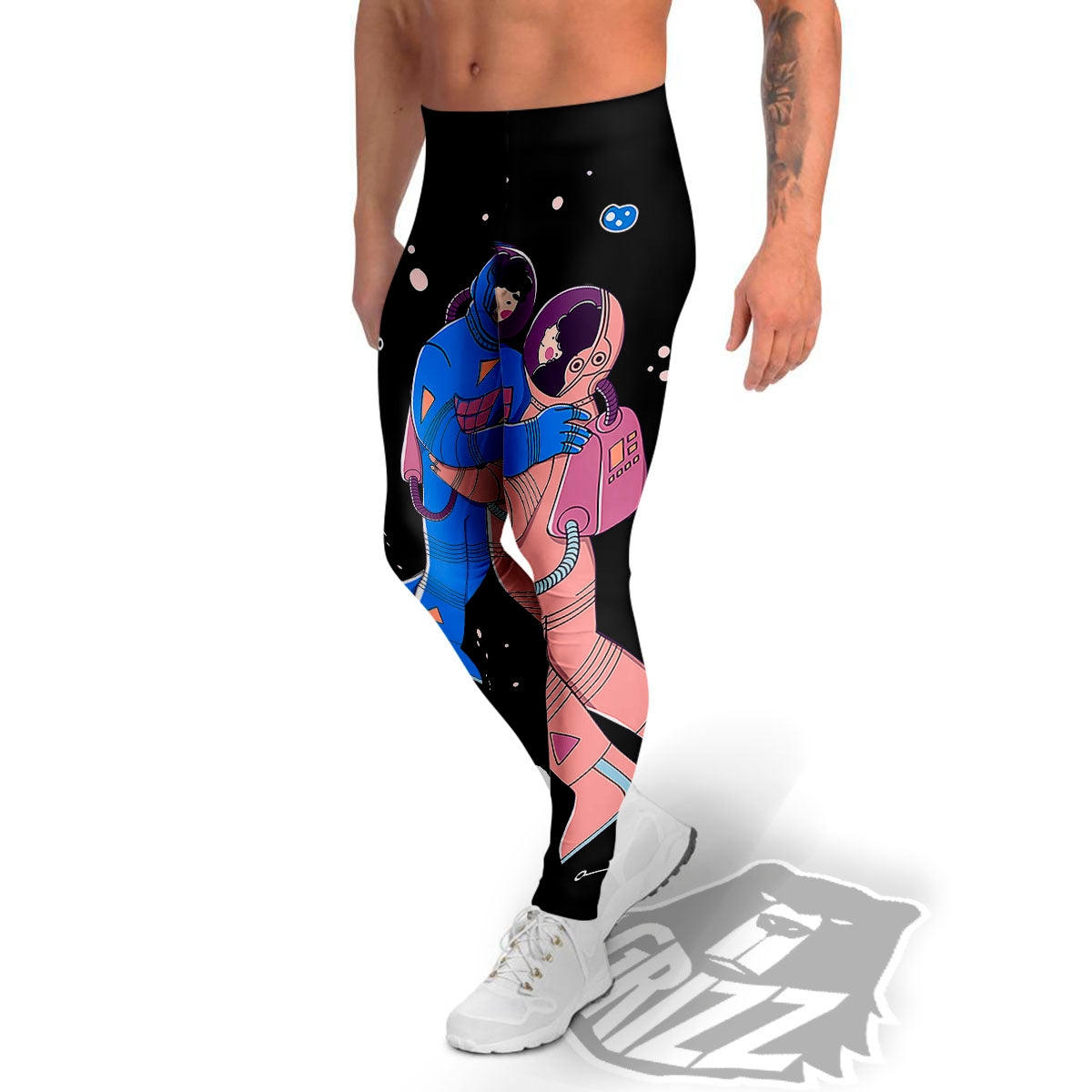 Couple Astronaut Travel In Space Print Men's Leggings-grizzshop