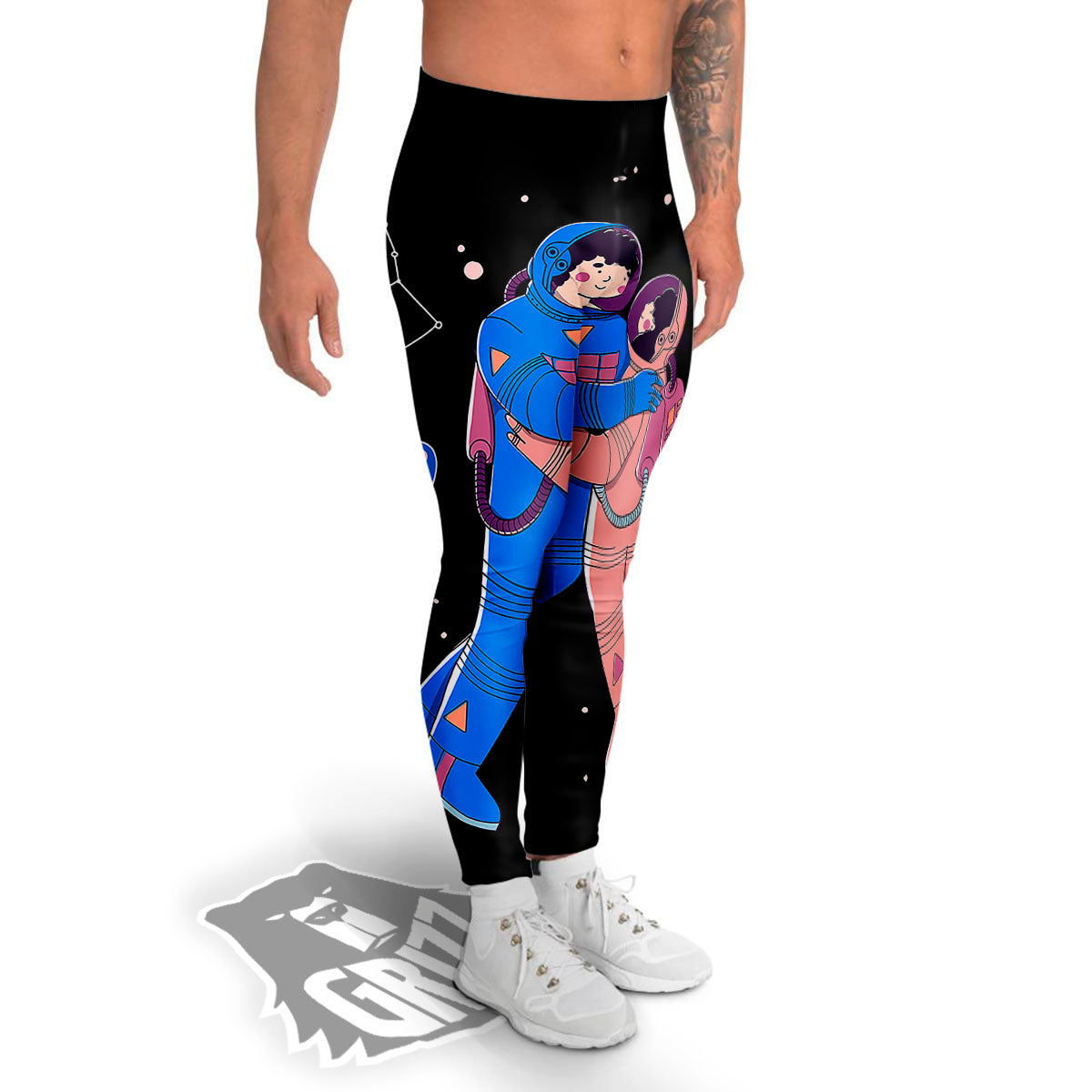 Couple Astronaut Travel In Space Print Men's Leggings-grizzshop