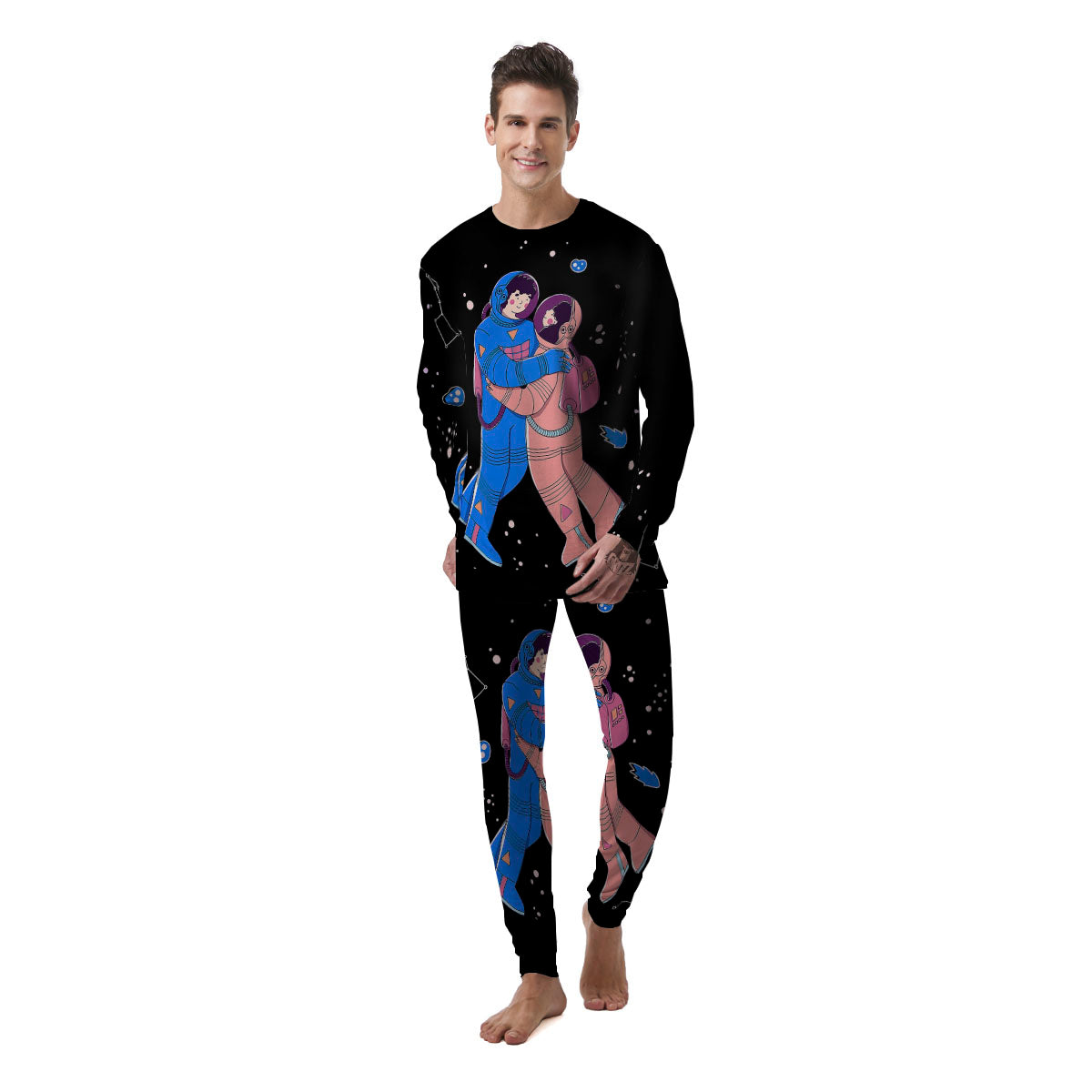 Couple Astronaut Travel In Space Print Men's Pajamas-grizzshop