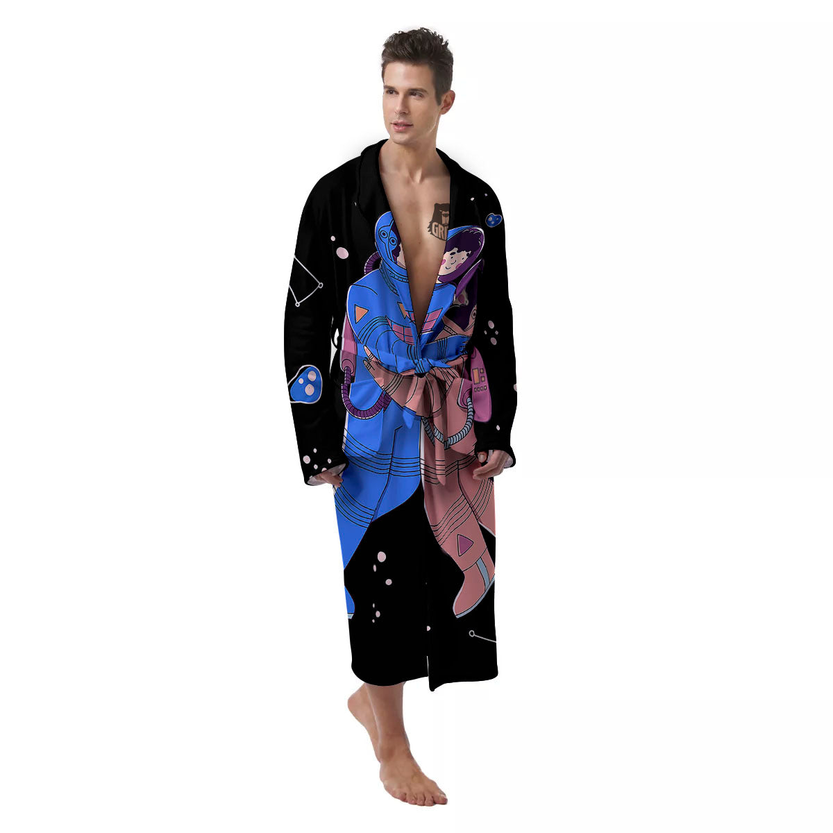 Couple Astronaut Travel In Space Print Men's Robe-grizzshop