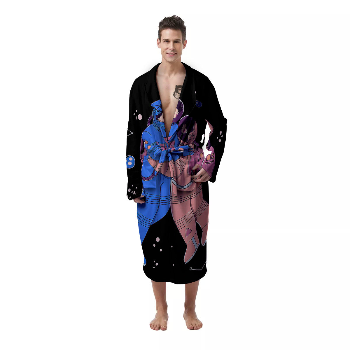 Couple Astronaut Travel In Space Print Men's Robe-grizzshop
