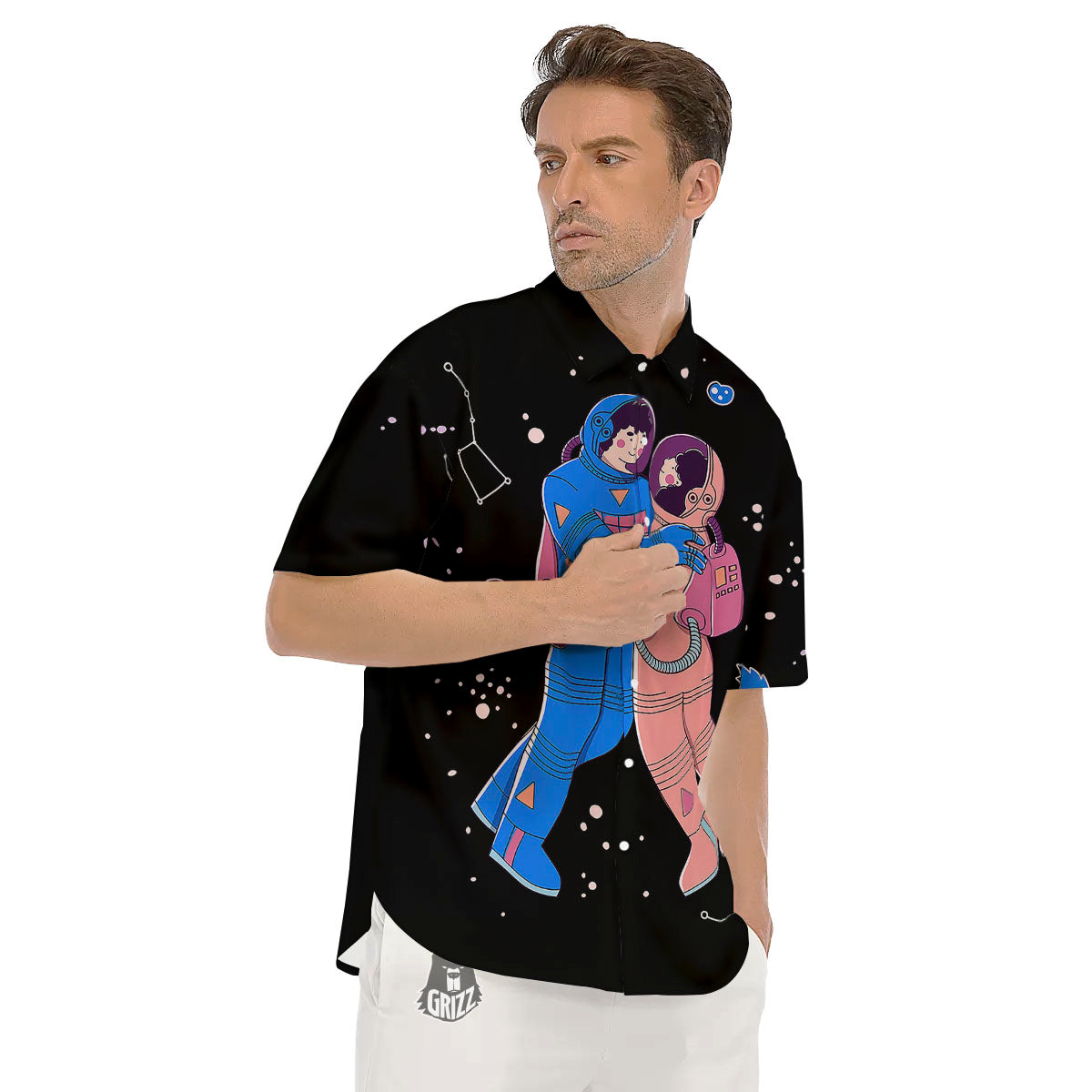 Couple Astronaut Travel In Space Print Men's Short Sleeve Shirts-grizzshop