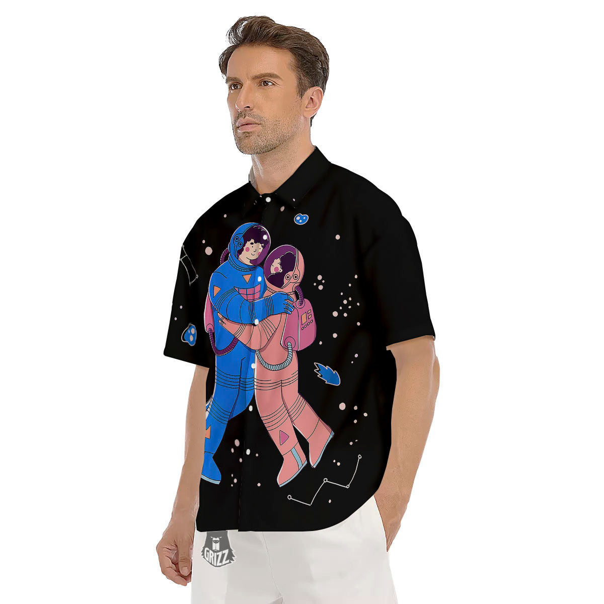 Couple Astronaut Travel In Space Print Men's Short Sleeve Shirts-grizzshop