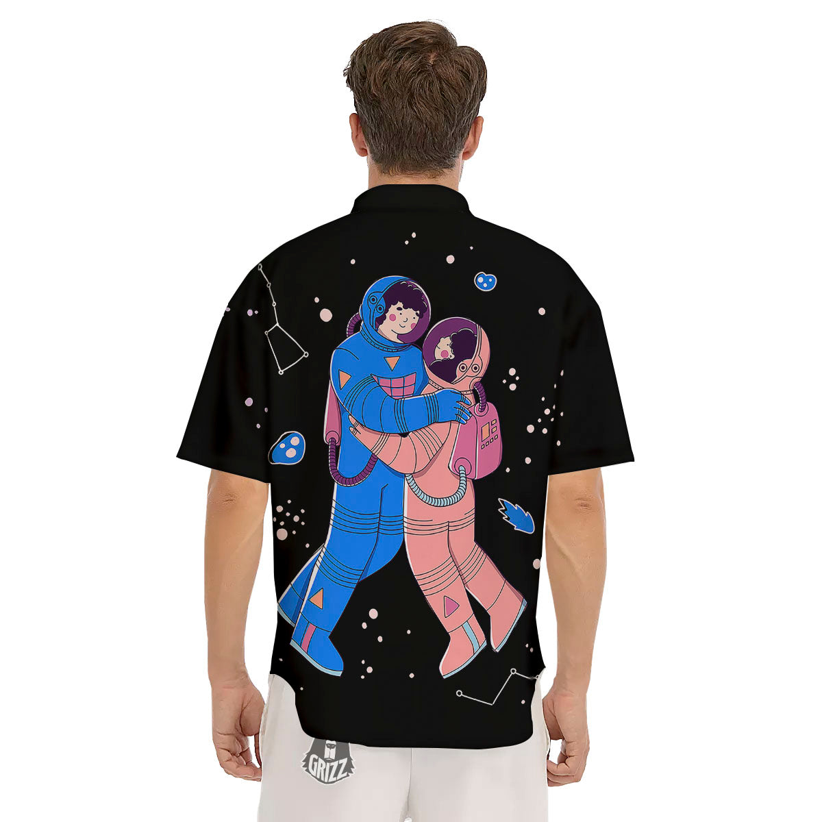 Couple Astronaut Travel In Space Print Men's Short Sleeve Shirts-grizzshop