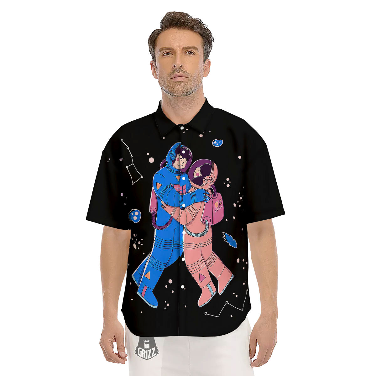 Couple Astronaut Travel In Space Print Men's Short Sleeve Shirts-grizzshop