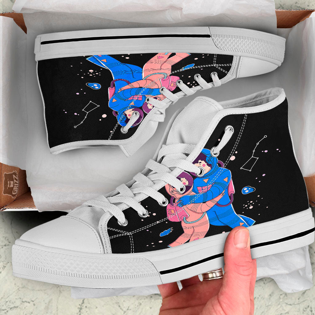 Couple Astronaut Travel In Space Print White High Top Shoes-grizzshop