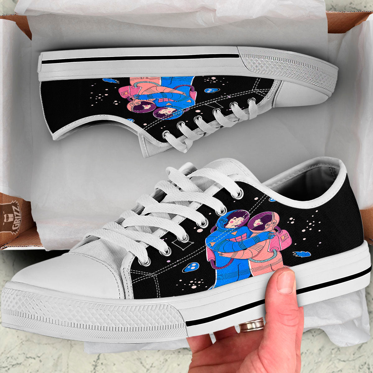 Couple Astronaut Travel In Space Print White Low Top Shoes-grizzshop
