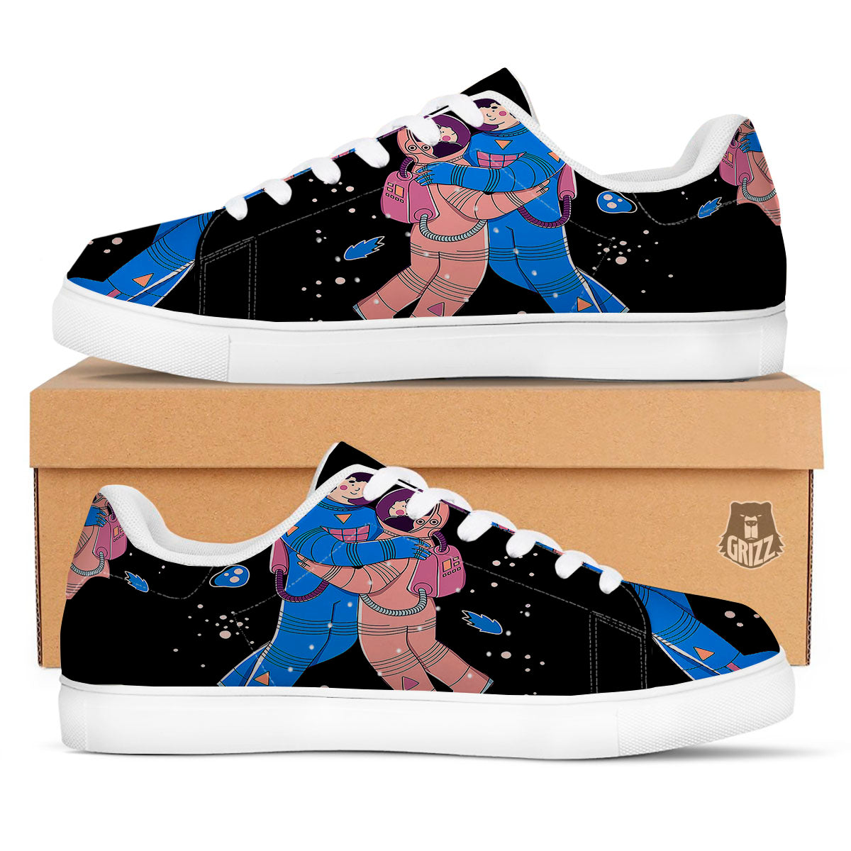 Couple Astronaut Travel In Space Print White Low Top Sneakers-grizzshop