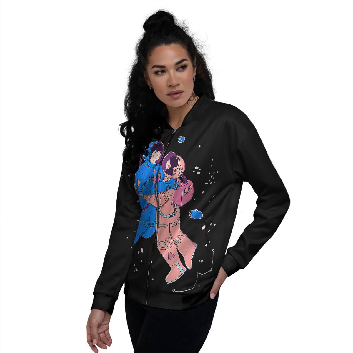 Couple Astronaut Travel In Space Print Women's Bomber Jacket-grizzshop