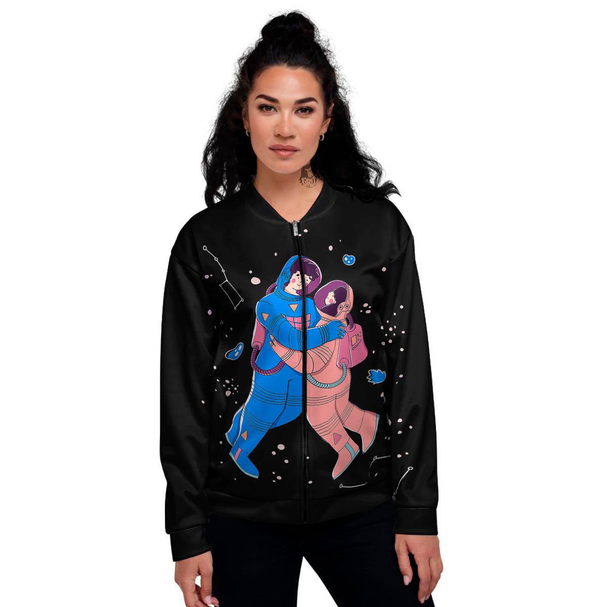 Couple Astronaut Travel In Space Print Women's Bomber Jacket-grizzshop