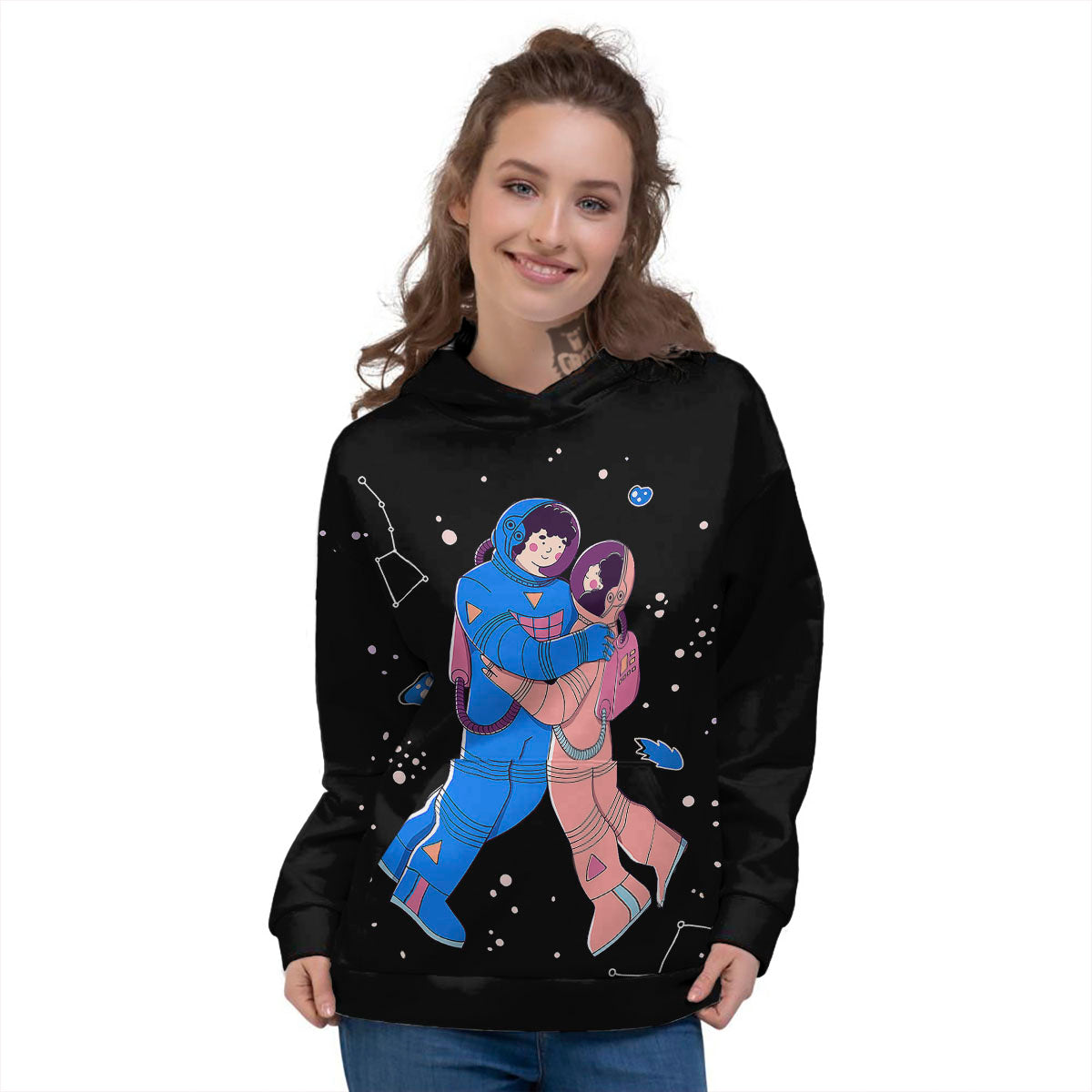 Couple Astronaut Travel In Space Print Women's Hoodie-grizzshop