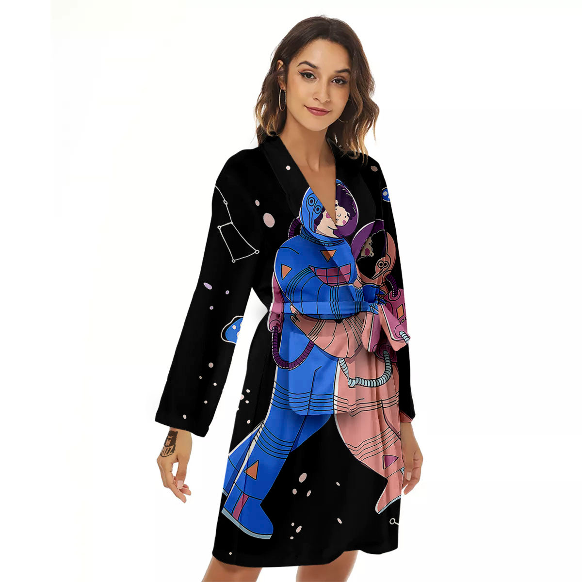Couple Astronaut Travel In Space Print Women's Robe-grizzshop