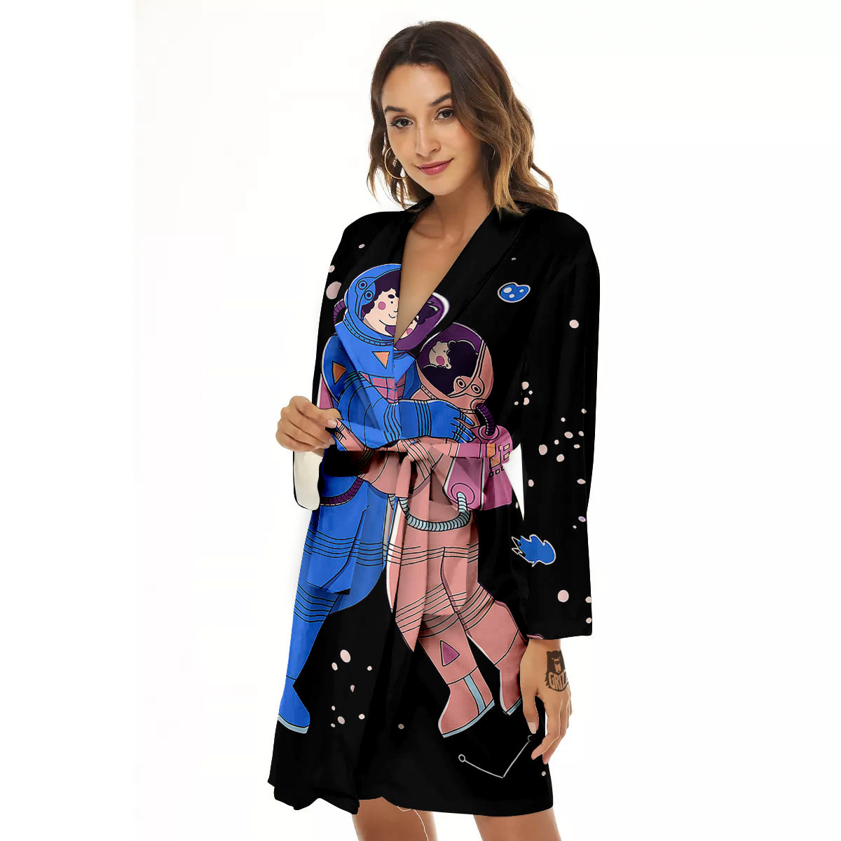 Couple Astronaut Travel In Space Print Women's Robe-grizzshop