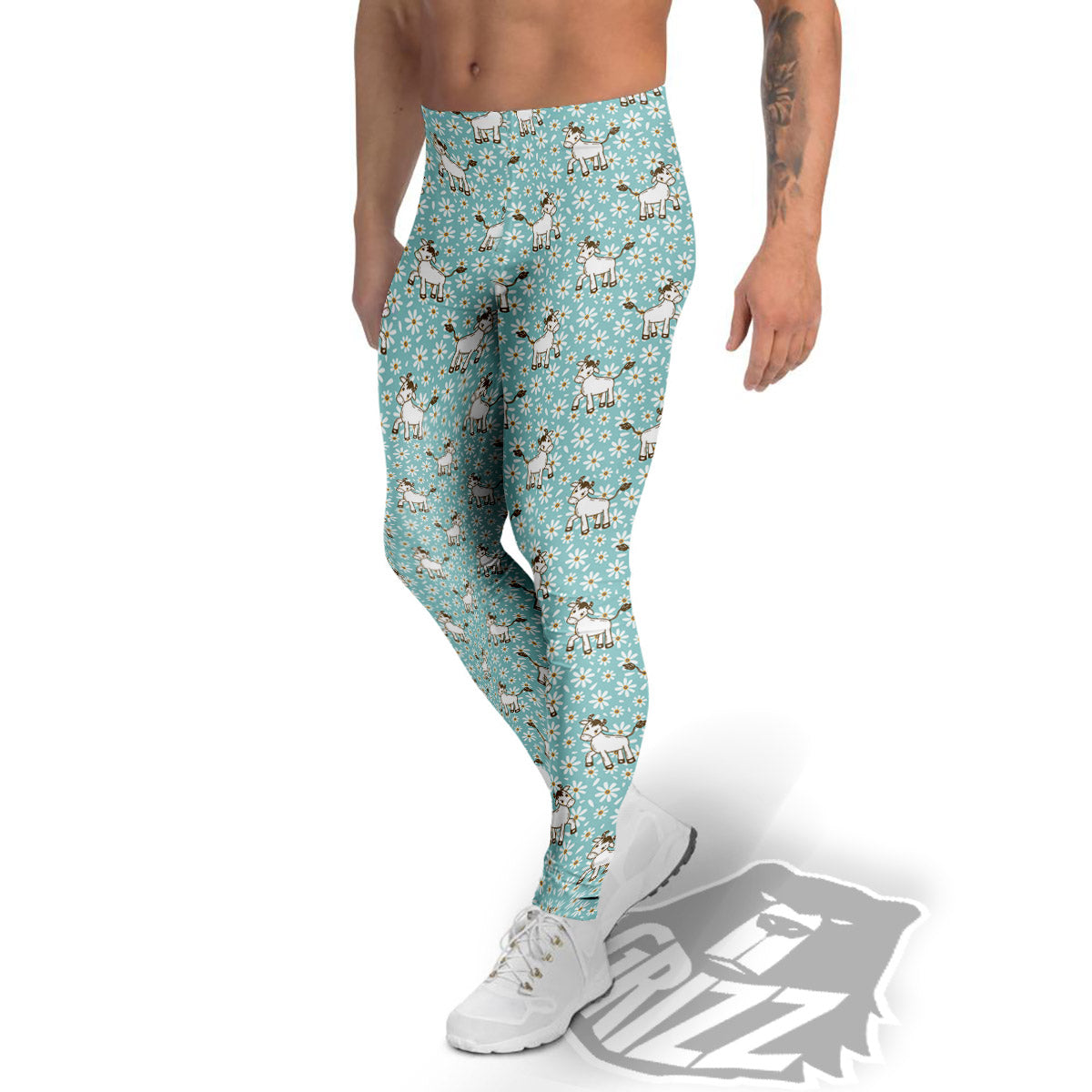 Cow And Cartoon Daisy Print Pattern Men's Leggings-grizzshop